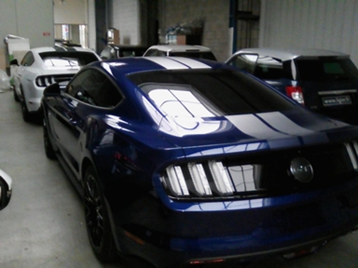 Une Ford Mustang bleue à bandes grises, vue de l'arrière, est garée dans un atelier à côté de voitures blanches et d'un SUV bleu.