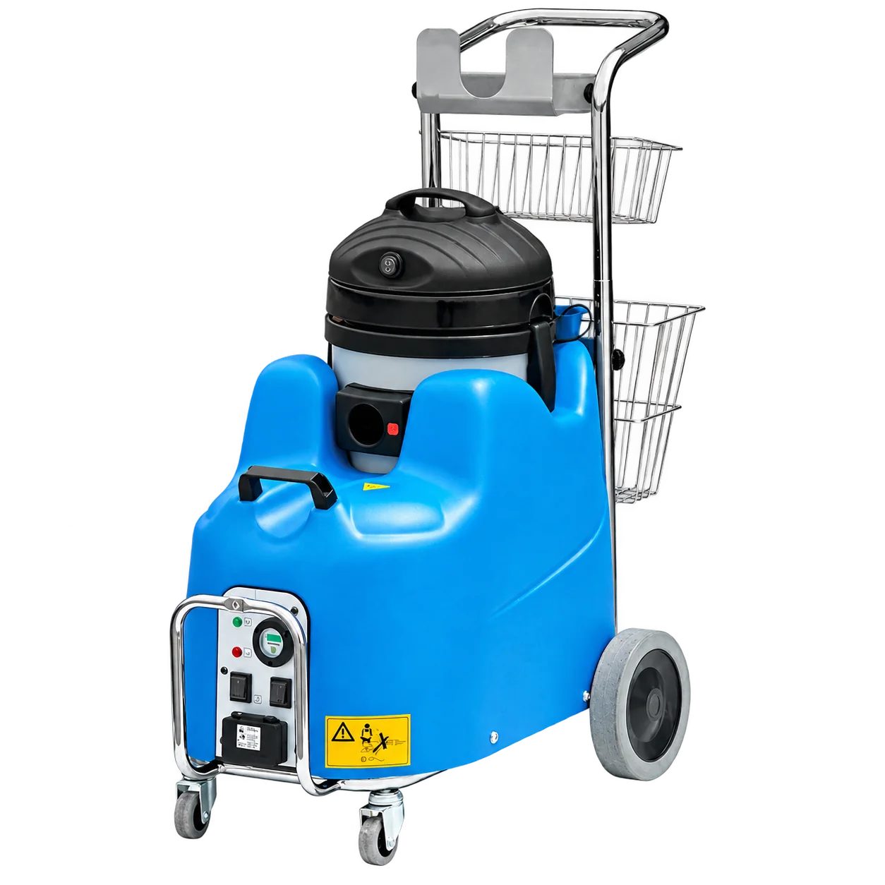 Nettoyeur vapeur professionnel bleu sur chariot avec paniers métalliques
