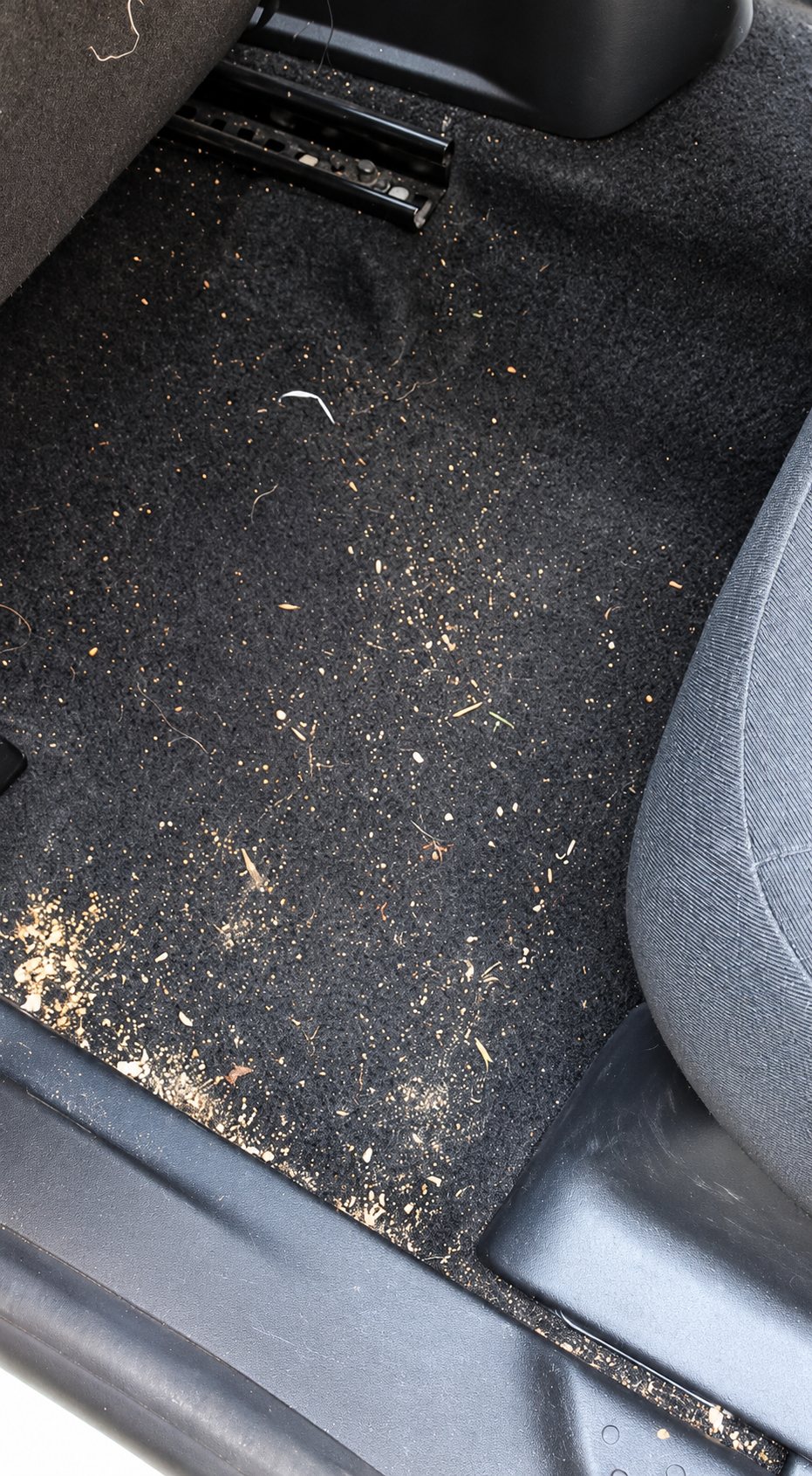 Vue de l'intérieur d'une voiture montrant un tapis de sol noir couvert de poussière, de poils et de saletés, à côté d'un siège gris.