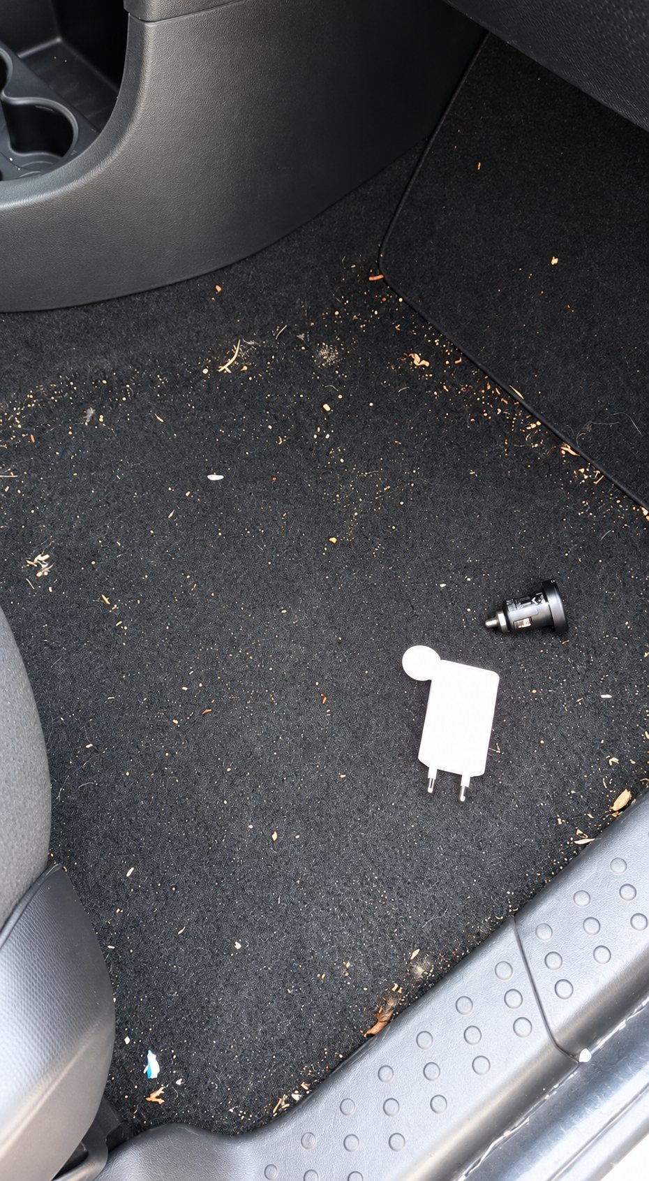Un tapis de sol noir de voiture, couvert de poussière et de débris, sur lequel sont posés un chargeur USB blanc et un adaptateur allume-cigare noir.
