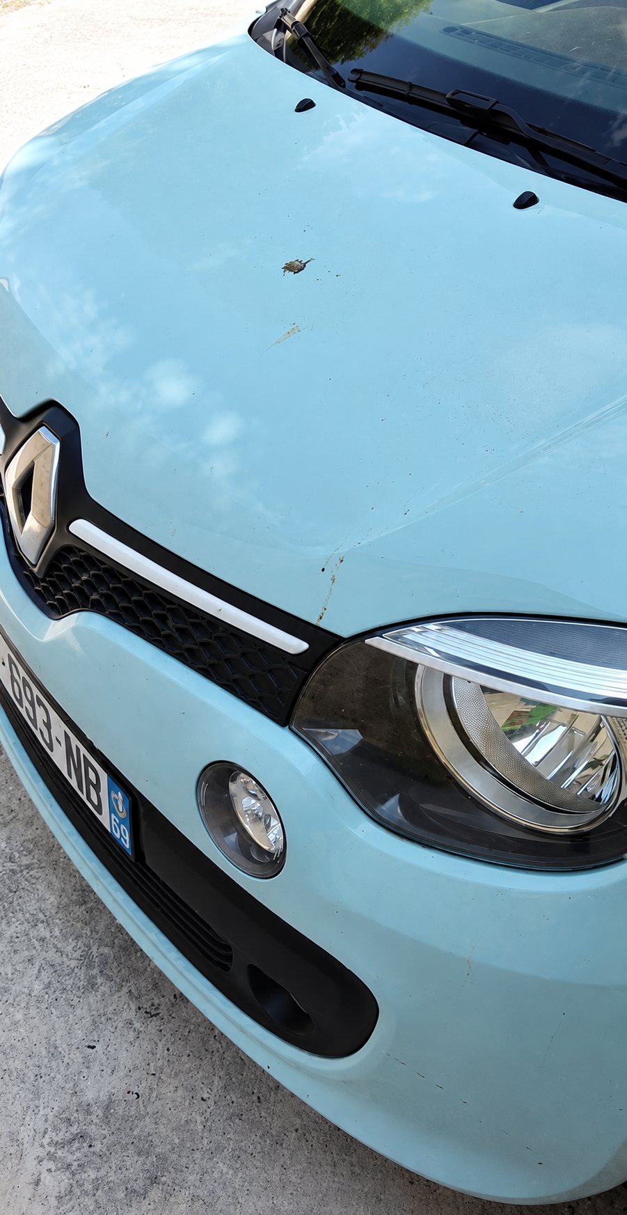 Capot et calandre d'une Renault Twingo bleu clair avant nettoyage